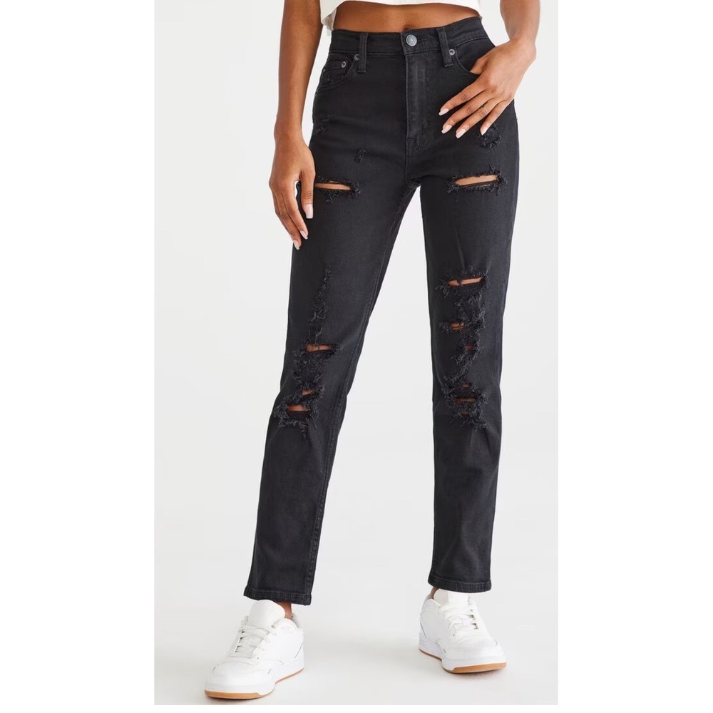 Aeropostale Mom‎ Jeans Womens 4 Black Distressed High Waisted Ripped Denim